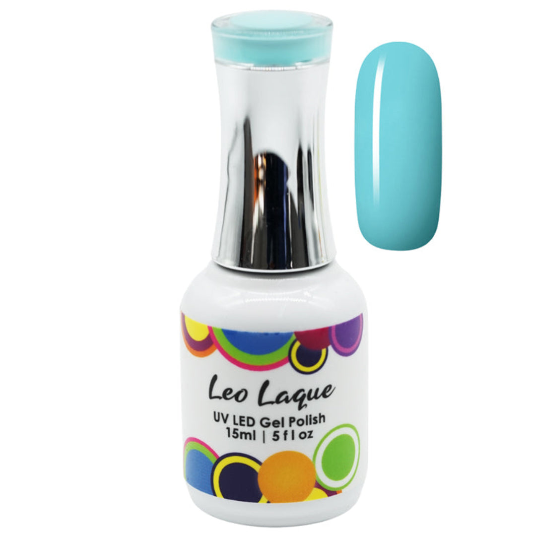 A bottle of Leo Laque UV LED gel polish in a light turquoise blue shade, shown next to a matching nail color swatch on a plain white background.