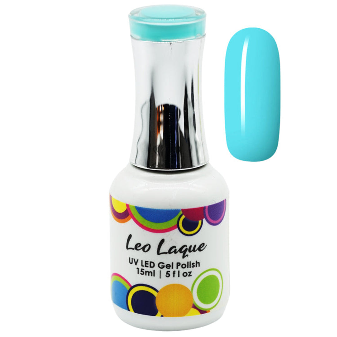 A bottle of Leo Laque UV LED Gel Polish in a bright turquoise shade, shown alongside a matching nail color swatch on a plain white background.