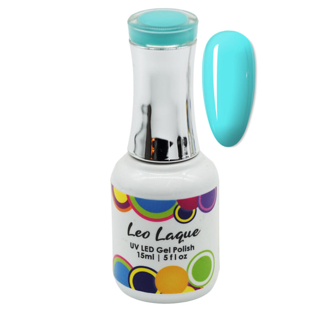 A bottle of Leo Laque UV LED gel polish in a bright turquoise shade, shown alongside a matching nail color swatch on a plain white background.