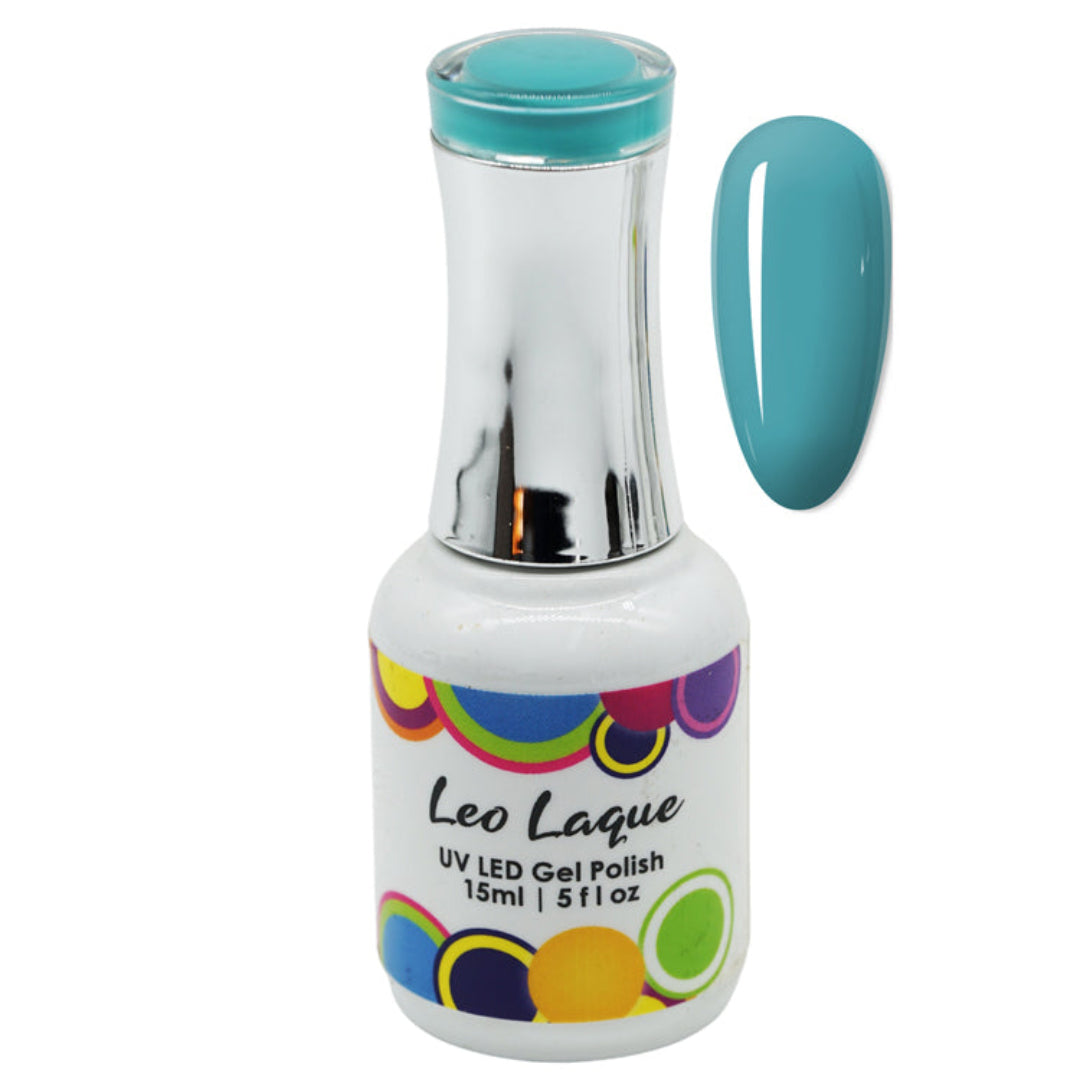 A bottle of Leo Laque UV LED gel nail polish in a bright teal blue color, shown alongside a matching teal nail swatch on a plain white background.