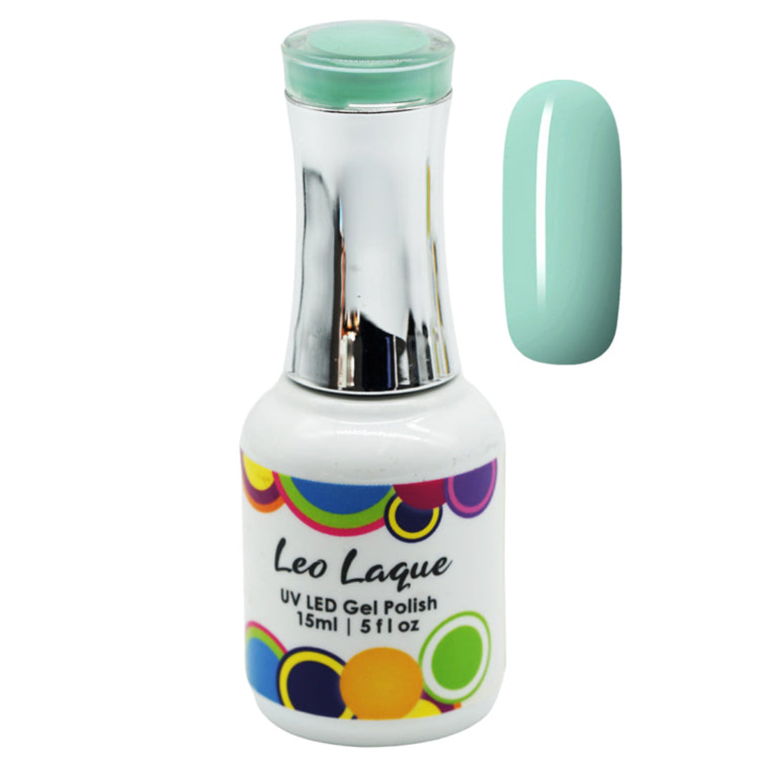 A bottle of Leo Laque UV LED gel polish in a mint green shade, shown alongside a matching oval nail color swatch on a plain white background.