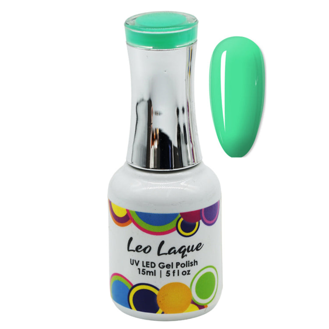 A bottle of Leo Laque UV LED gel nail polish in a bright mint green shade, shown alongside a matching oval nail swatch on a plain white background.