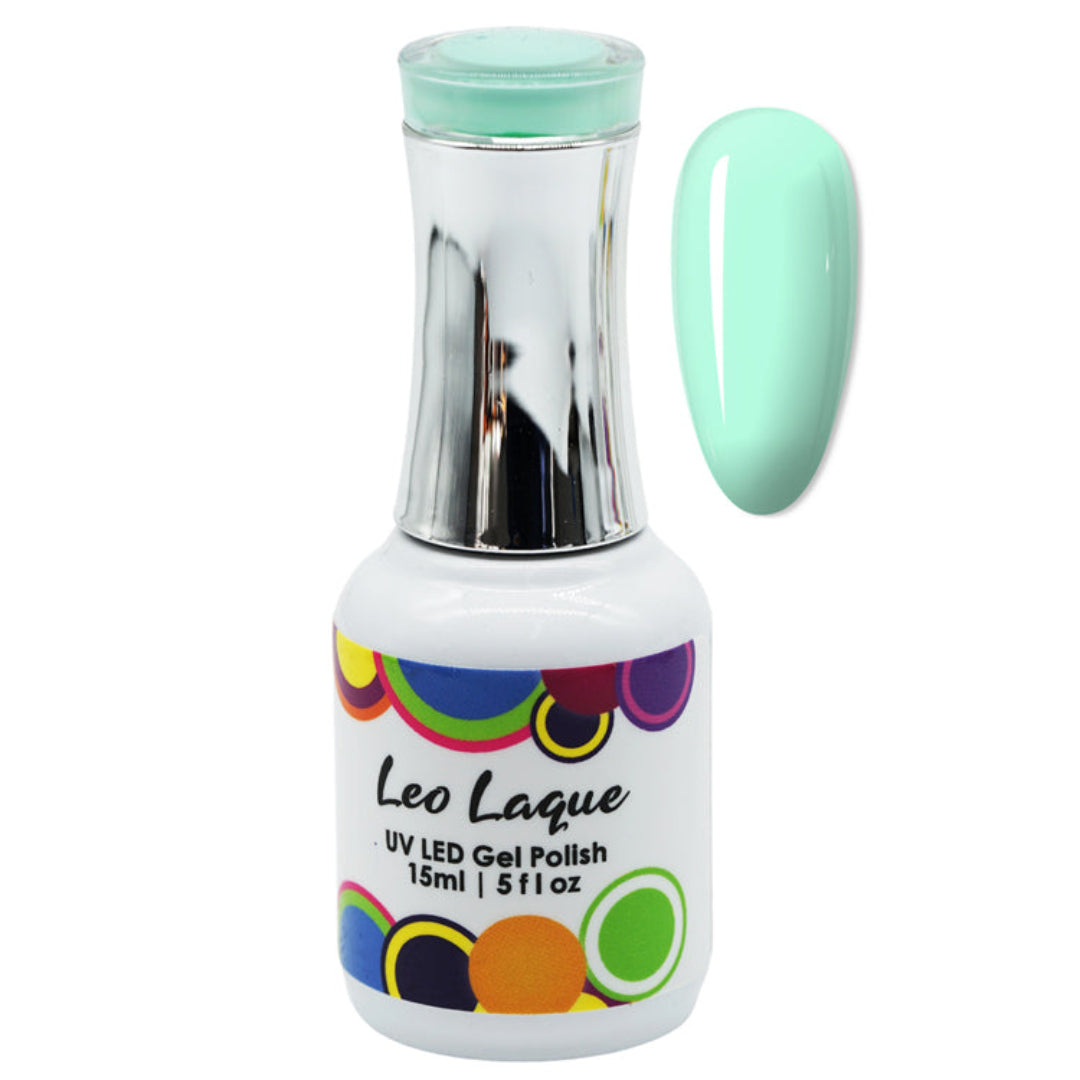 A bottle of Leo Laque UV LED Gel Polish in a mint green shade, shown alongside a matching oval nail swatch on a plain white background.
