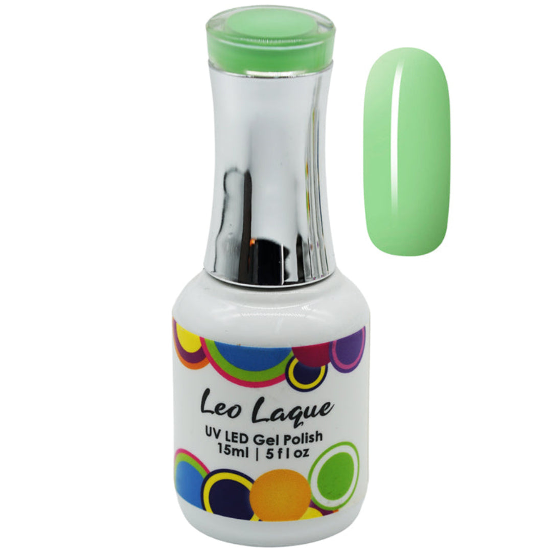 A bottle of Leo Laque UV LED gel polish in a light mint green shade, shown alongside a matching nail color swatch on a plain white background.