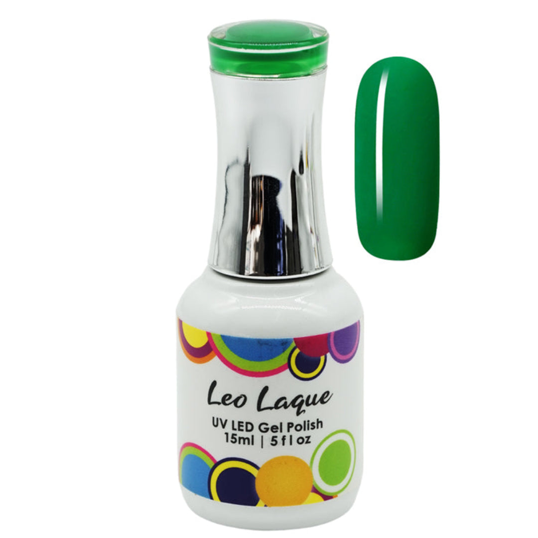A bottle of Leo Laque UV LED gel polish in a vibrant green shade, shown alongside a matching glossy green nail swatch on a plain white background.