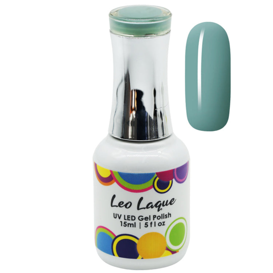 A bottle of Leo Laque UV LED Gel Polish in a dusty teal shade, shown next to a matching nail color swatch on a plain white background.