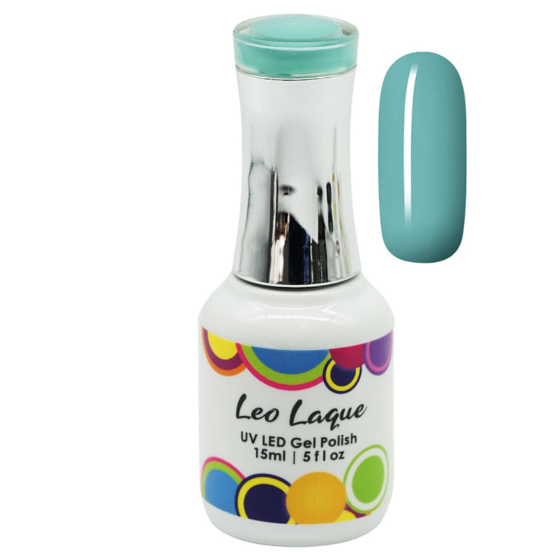 A bottle of Leo Laque UV LED Gel Polish in a light teal shade, shown next to a matching oval nail color swatch on a plain white background.