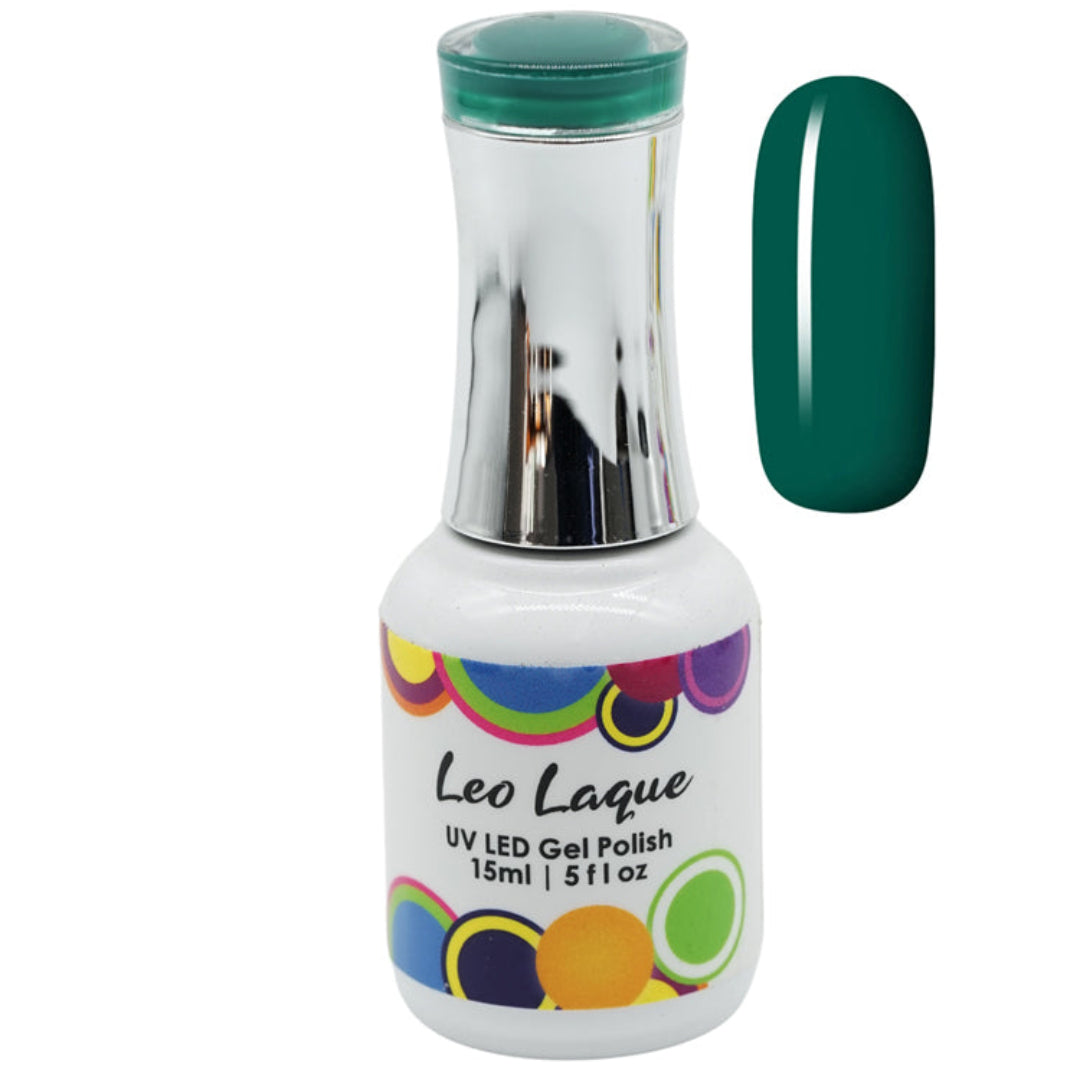 A bottle of Leo Laque UV LED Gel Polish in a deep teal green shade, shown alongside a matching oval nail color swatch on a plain white background.