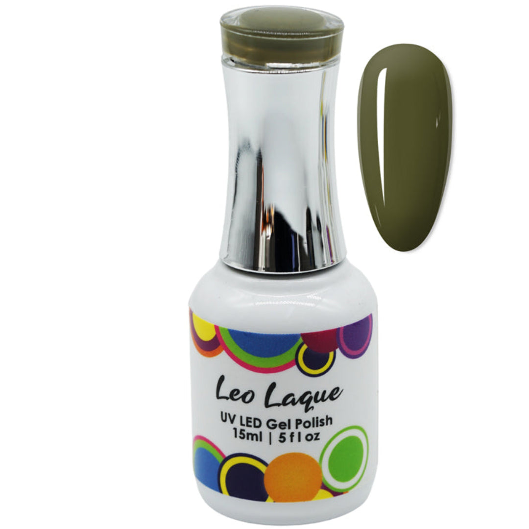 A bottle of Leo Laque UV LED Gel Polish in a dark olive green shade, shown next to a matching green nail color swatch on a plain white background.
