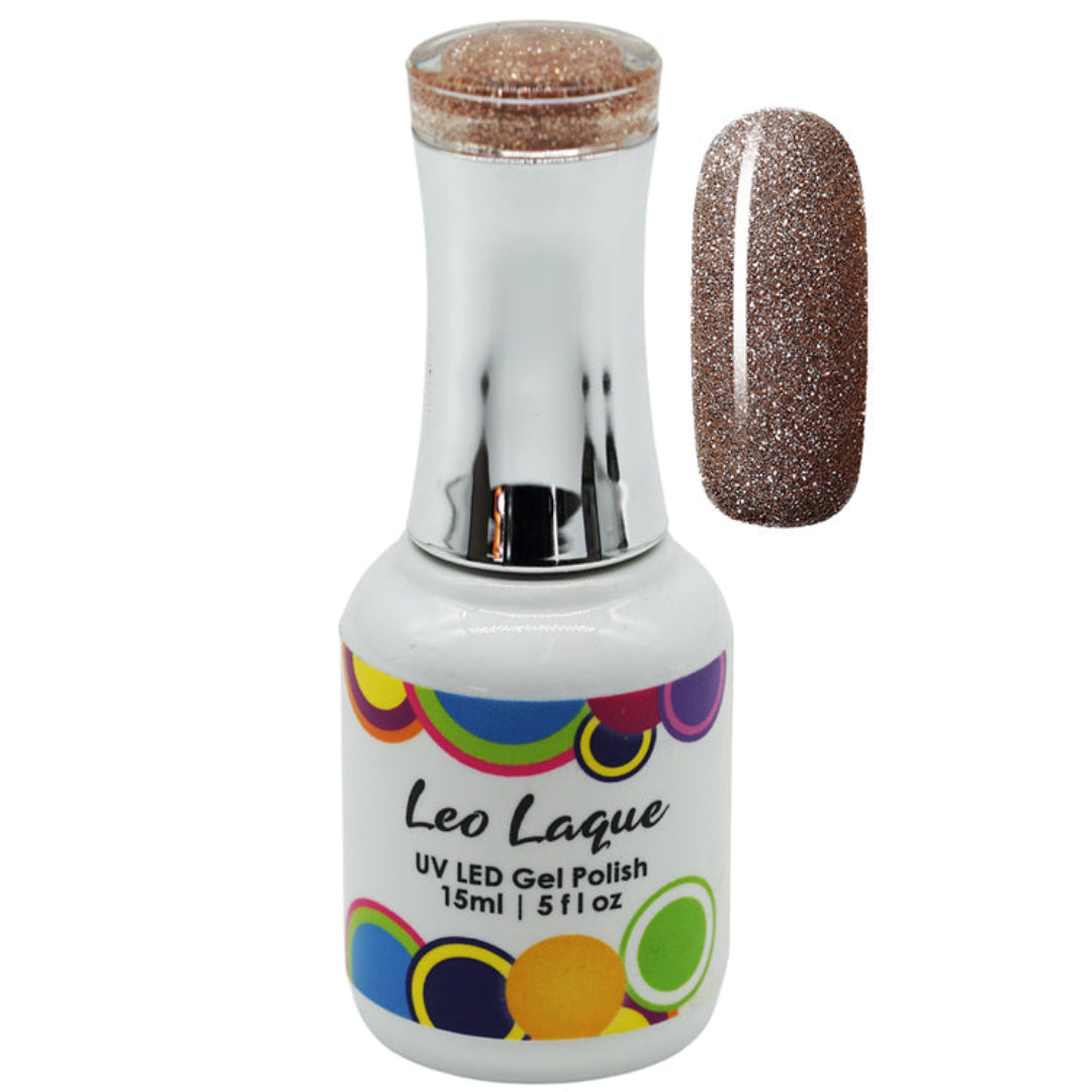 A bottle of Leo Laque UV LED Gel Polish with a large color swatch of glittery bronze-brown polish shown next to it on a white background.