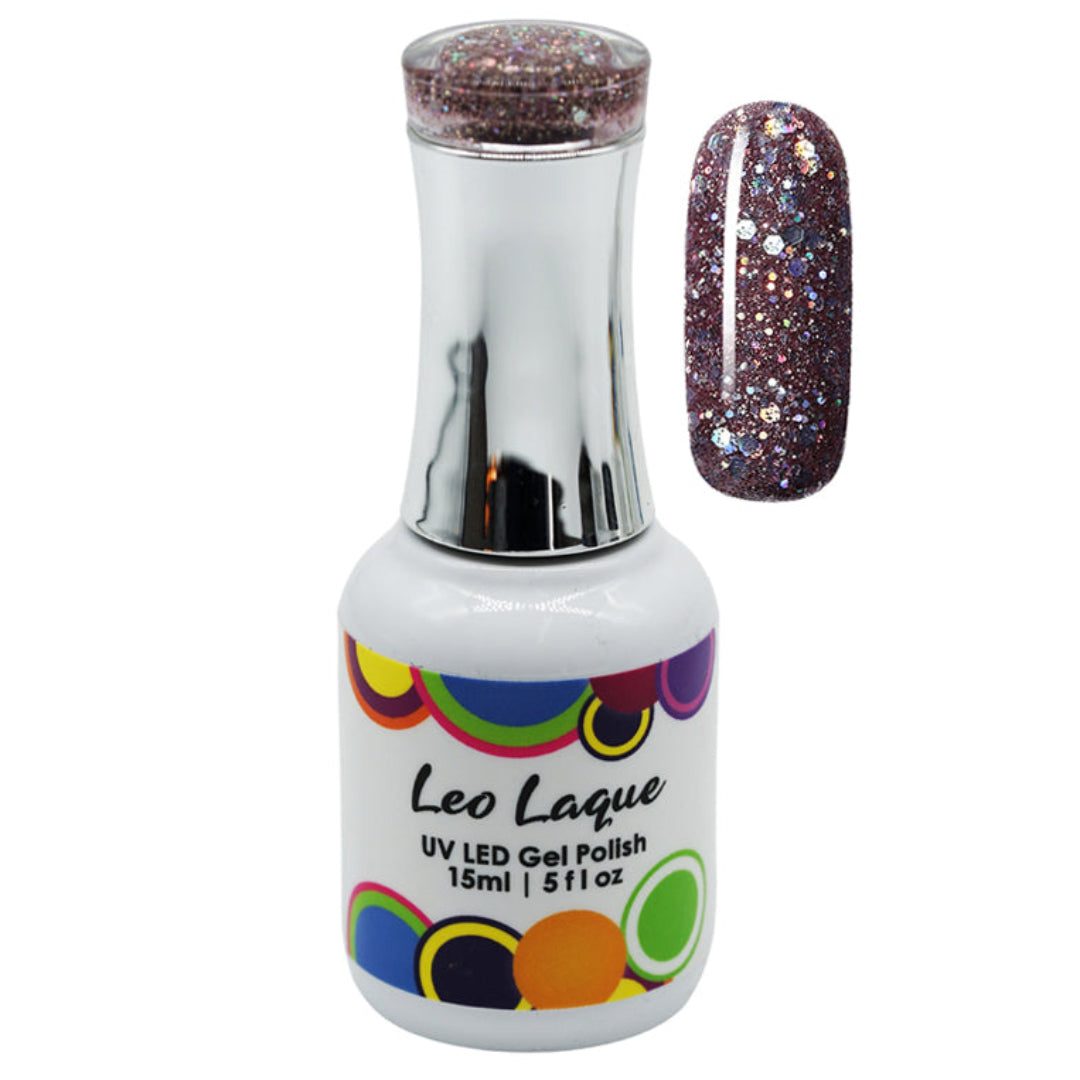 A bottle of Leo Laque UV LED gel polish with a silver cap and a color swatch showing a dark glittery purple polish on a white background.