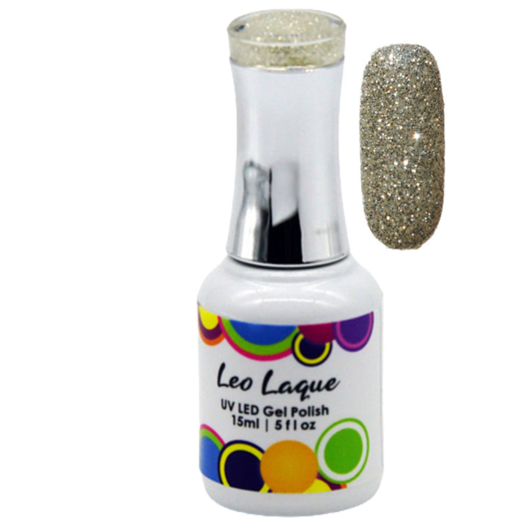 A bottle of Leo Laque UV LED Gel Polish with a silver cap and a color swatch showing the glittery gold shimmer of the polish.