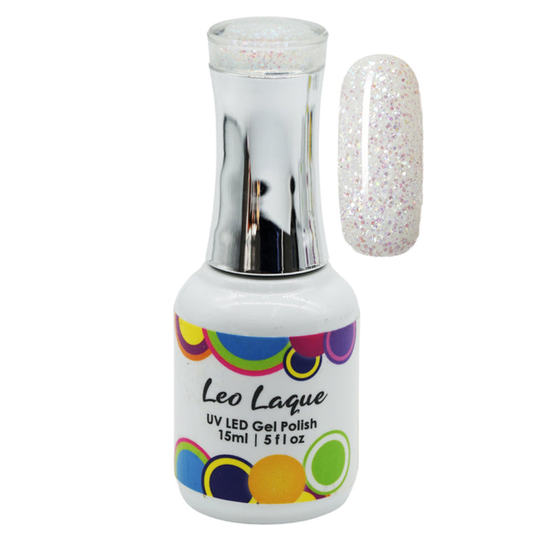 A bottle of Leo Laque UV LED gel polish with a silver cap and a clear glittery white polish, shown next to a nail swatch displaying the sparkling white glitter finish.