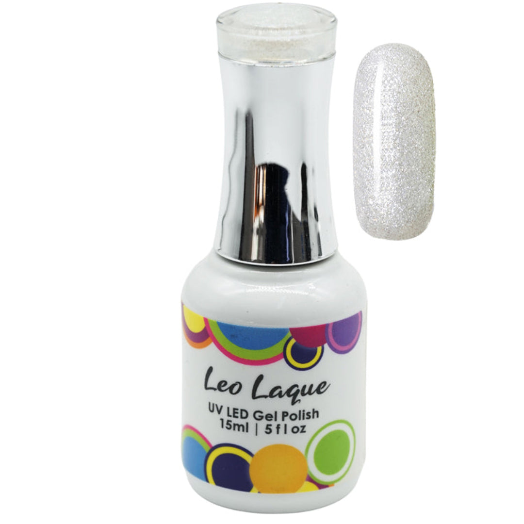 A bottle of Leo Laque UV LED gel polish with a silver glitter polish shown both inside the bottle and on a nail swatch, set against a plain white background.
