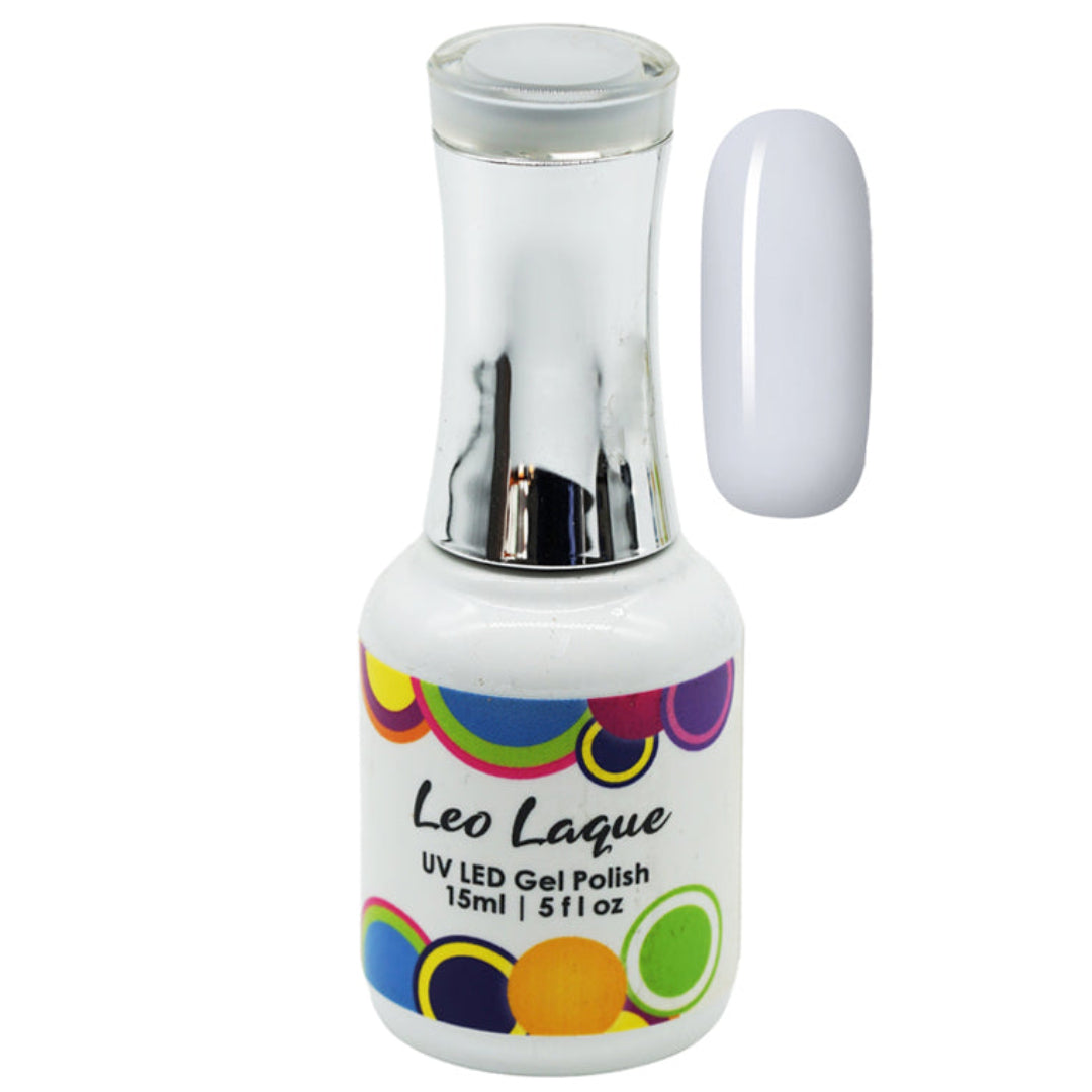 A bottle of Leo Laque UV LED Gel Polish with a clear cap and a white nail swatch displayed next to it on a white background.