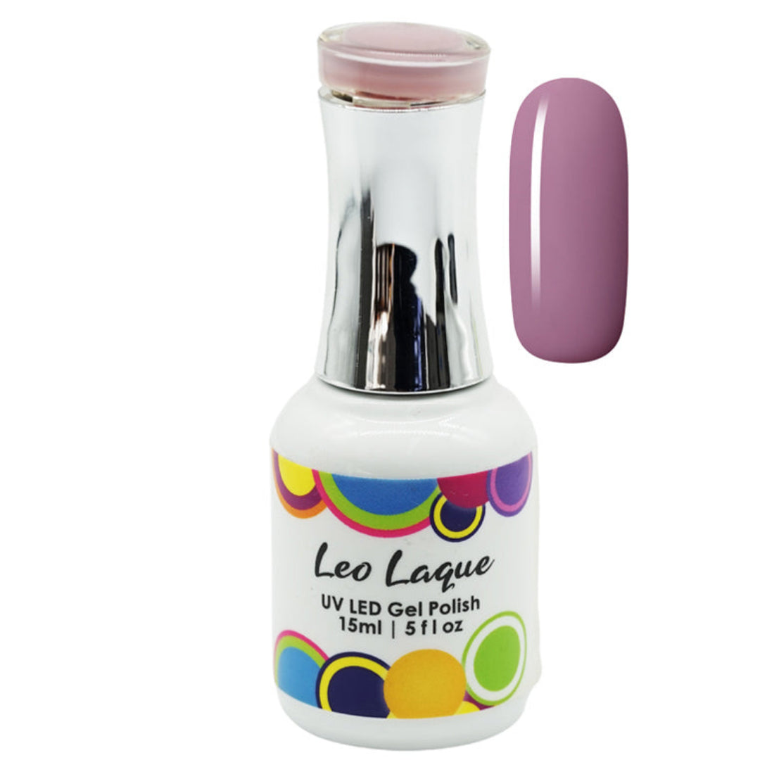 A bottle of Leo Laque UV LED Gel Polish in a dusty mauve shade, shown alongside a matching nail color swatch on a plain white background.