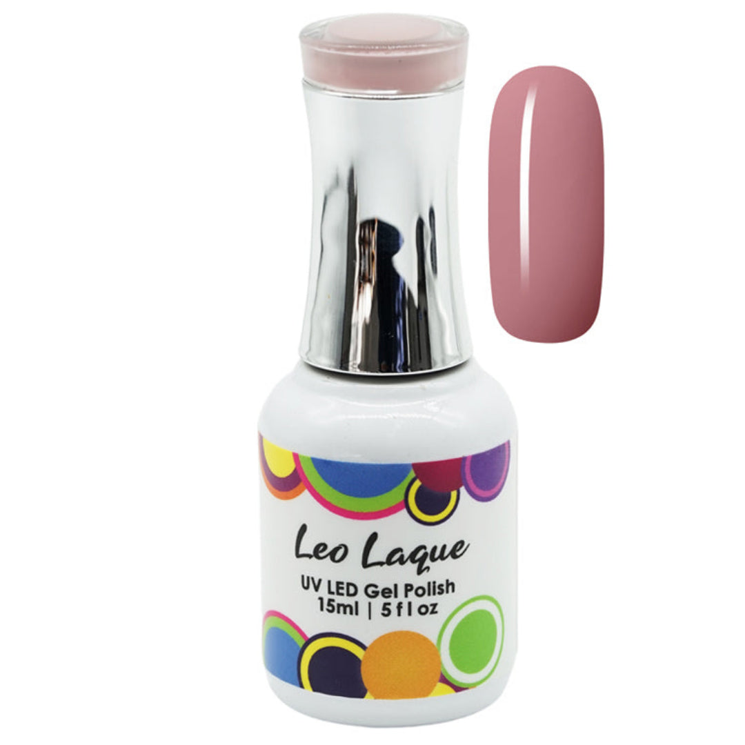 A bottle of Leo Laque UV LED Gel Polish with a metallic silver cap and a matching dusty rose pink nail polish swatch displayed next to it on a white background.