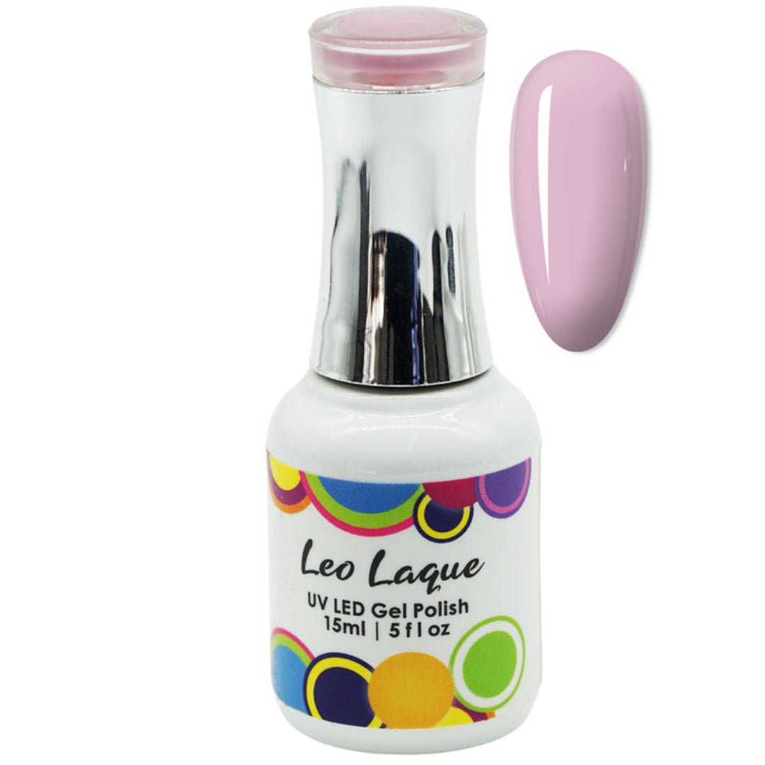 A bottle of Leo Laque UV LED Gel Polish in a light pastel pink shade, shown alongside a matching glossy nail swatch on a plain white background.