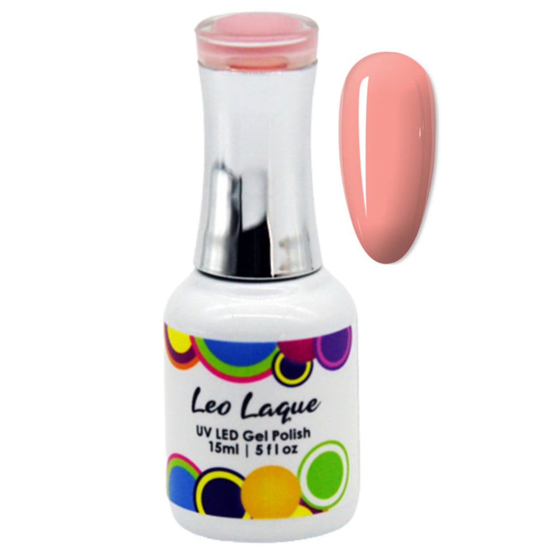 A bottle of Leo Laque UV LED gel nail polish in a soft peach-pink shade, shown alongside a matching glossy nail swatch on a plain white background.