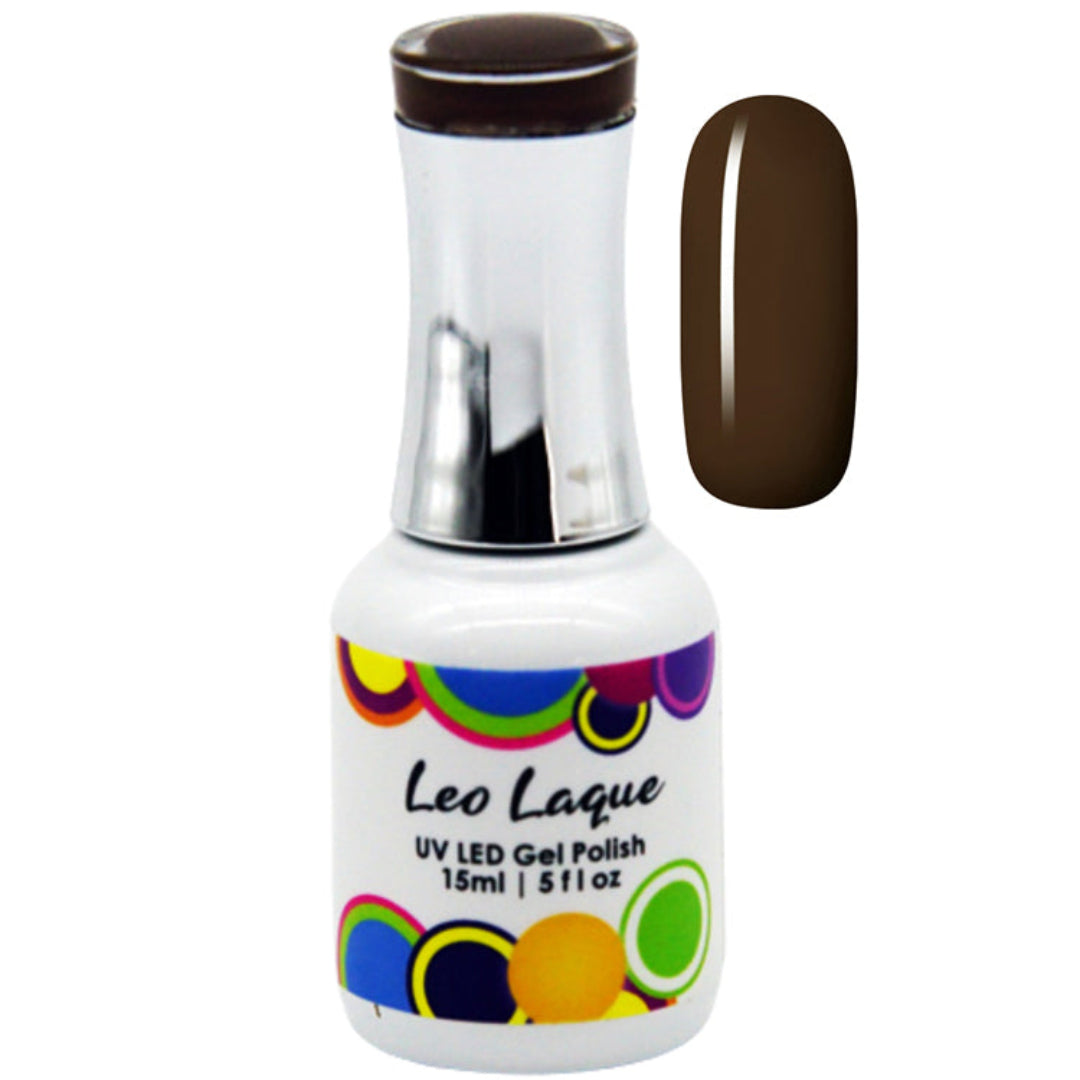 A bottle of Leo Laque UV LED Gel Polish in a dark brown shade, shown next to a matching brown nail swatch on a plain white background.