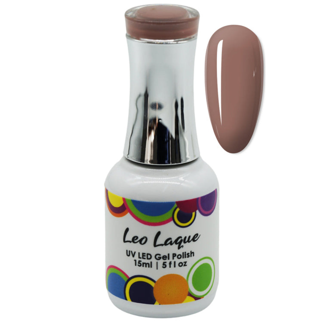 A bottle of Leo Laque UV LED Gel Polish with a metallic silver cap and a white label featuring colorful polka dots. A vertical oval swatch of the taupe-brown gel polish is shown next to the bottle on a plain white background.