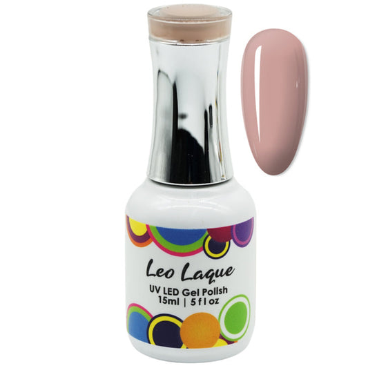 A bottle of Leo Laque UV LED Gel Polish in a dusty pink shade, shown alongside a matching oval nail color swatch on a plain white background.