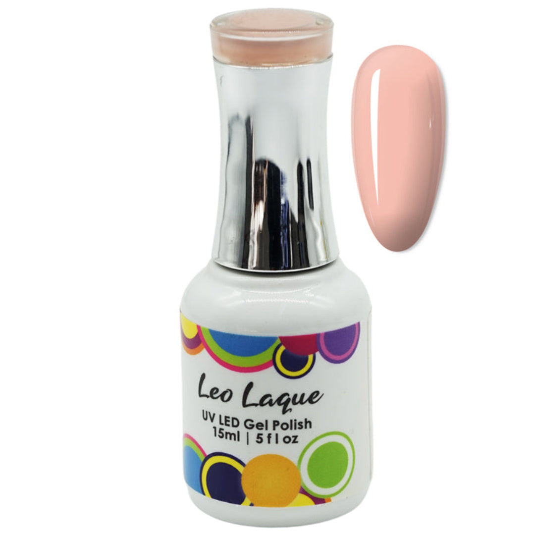 A bottle of Leo Laque UV LED gel polish in a light peach-pink shade, shown next to a matching nail color swatch on a plain white background.