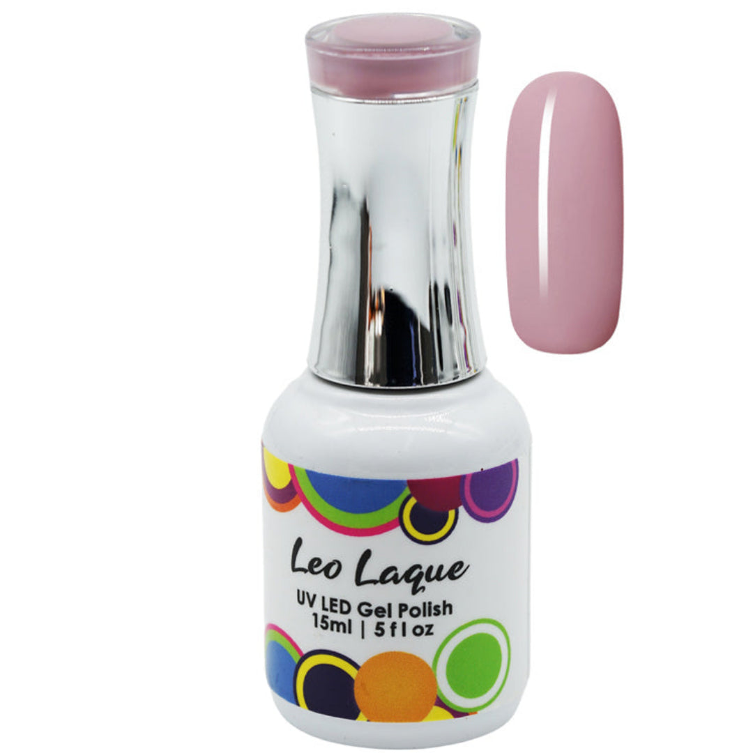 A bottle of Leo Laque UV LED Gel Polish in a light pink shade, shown alongside a matching pink nail swatch on a plain white background.