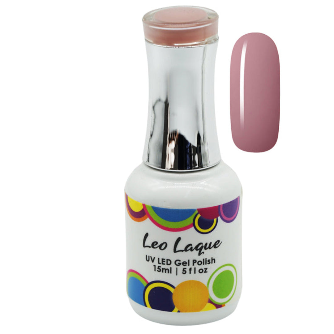 A bottle of Leo Laque UV LED gel polish in a dusty pink shade, shown alongside a matching nail color swatch on a plain white background.
