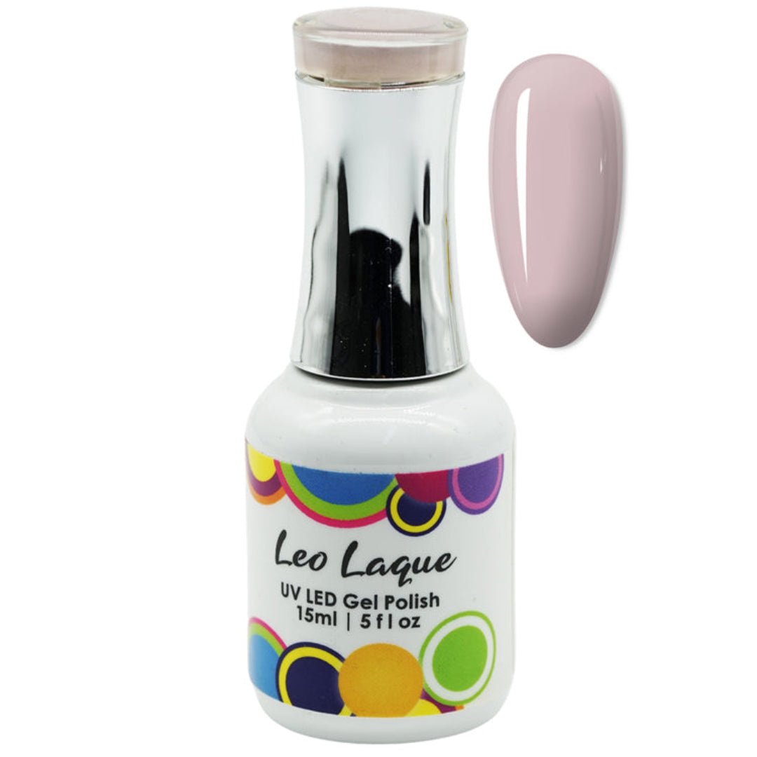 A bottle of Leo Laque UV LED Gel Polish in a pale pink shade, shown alongside a matching oval nail color swatch on a plain white background.
