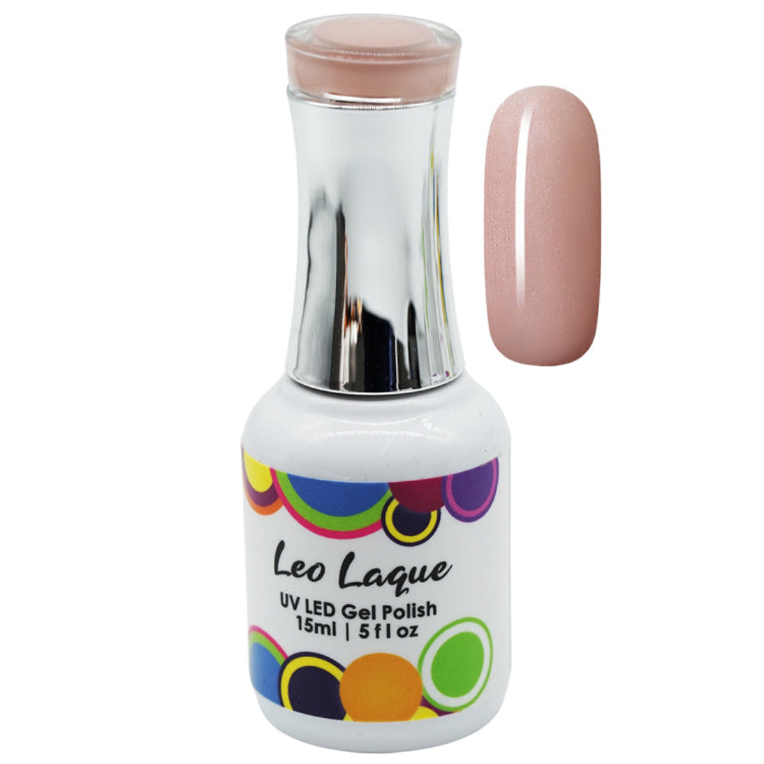 A bottle of Leo Laque UV LED gel polish in a light pink shade, shown alongside a matching swatch of the gel polish on a white background.