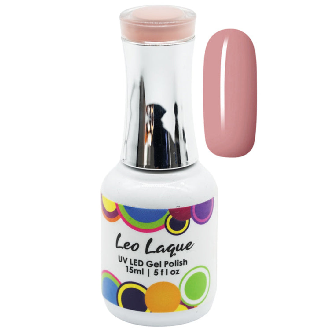 A bottle of Leo Laque UV LED Gel Polish in a dusty pink shade, shown alongside a matching pink nail swatch on a plain white background.