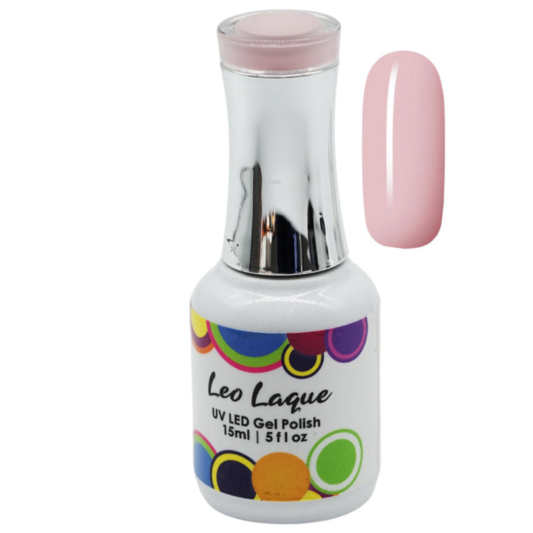 A bottle of Leo Laque UV LED Gel Nail Polish in a light pink shade, shown alongside a matching pink nail swatch on a plain white background.