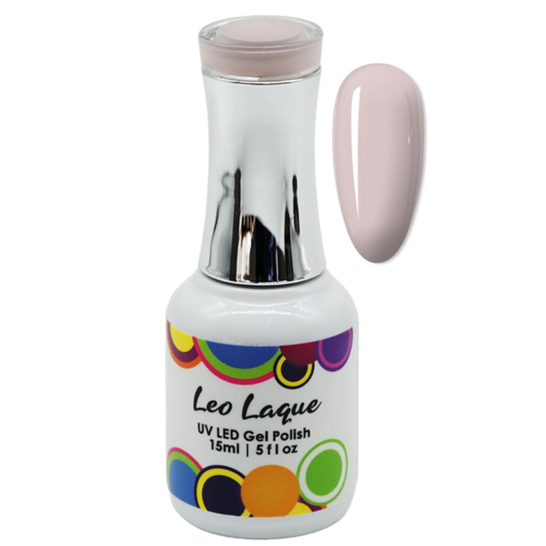 A bottle of Leo Laque UV LED gel nail polish in a pale pink shade, shown alongside a matching oval nail color swatch on a plain white background.