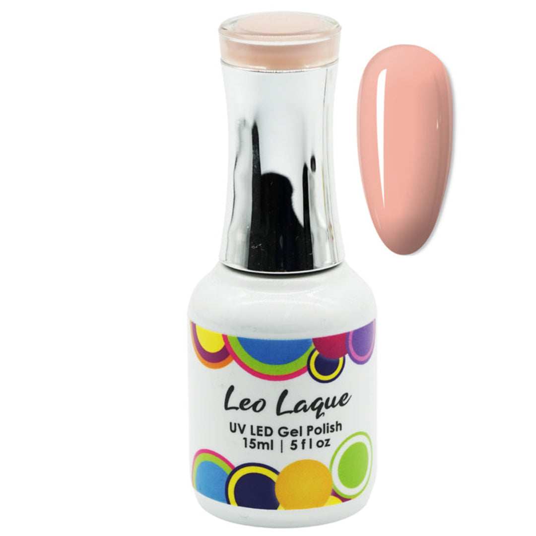 A bottle of Leo Lague UV LED Gel Polish with a clear cap and a peach-pink nail color swatch shown next to it on a white background.