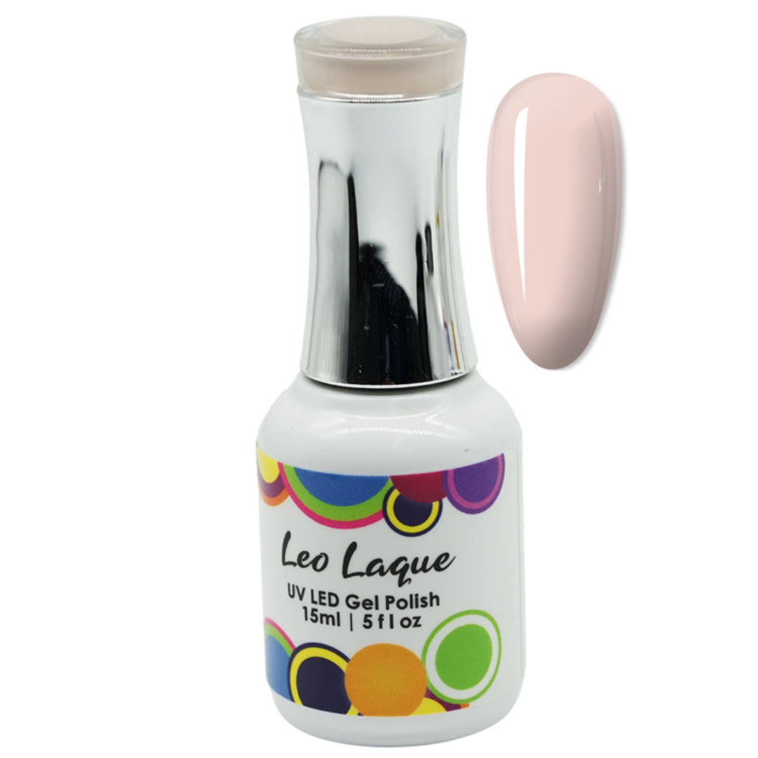 A bottle of Leo Laque UV LED gel polish in a pale pink shade, shown alongside a matching nail color swatch on a plain white background.