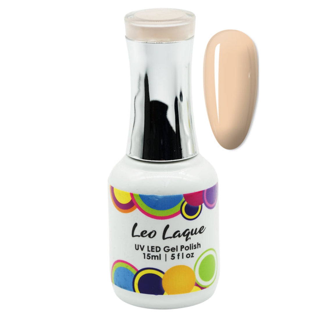 A bottle of Leo Laque UV LED Gel Polish in a light beige shade, shown next to a matching oval nail color swatch on a plain white background.