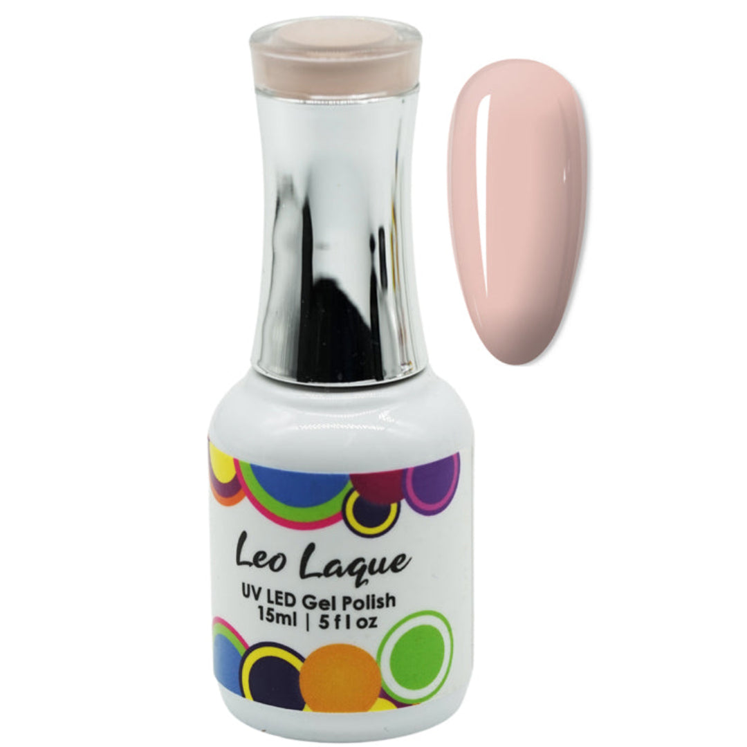 A bottle of Leo Laque UV LED Gel Polish in a pale pink shade, shown next to a matching glossy nail color swatch on a white background.