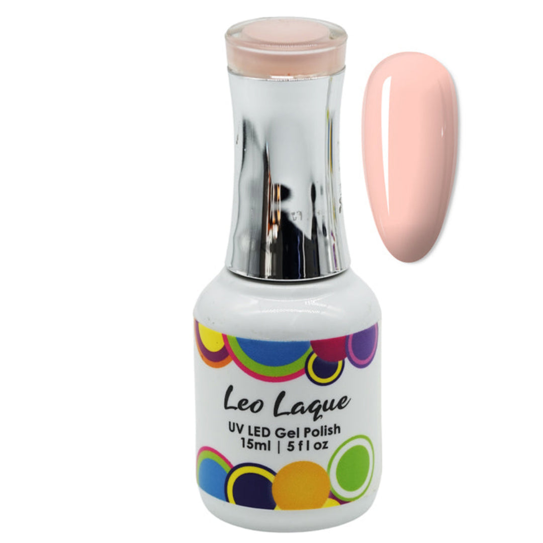 A bottle of Leo Laque UV LED Gel Polish in a light peach-pink shade, shown next to a matching glossy nail swatch on a plain white background.