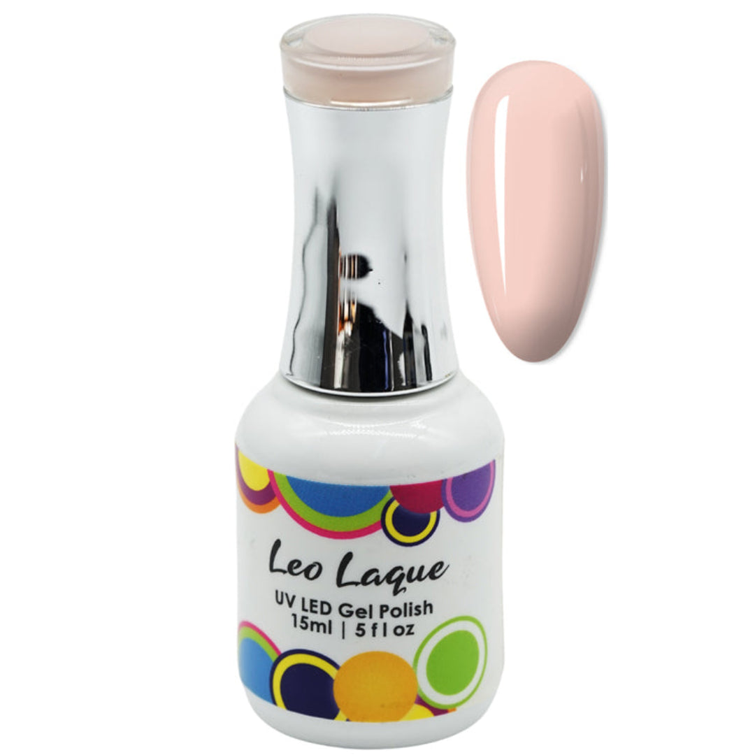A bottle of Leo Laque UV LED Gel Polish in a pale pink shade, shown alongside a matching glossy nail color swatch on a white background.