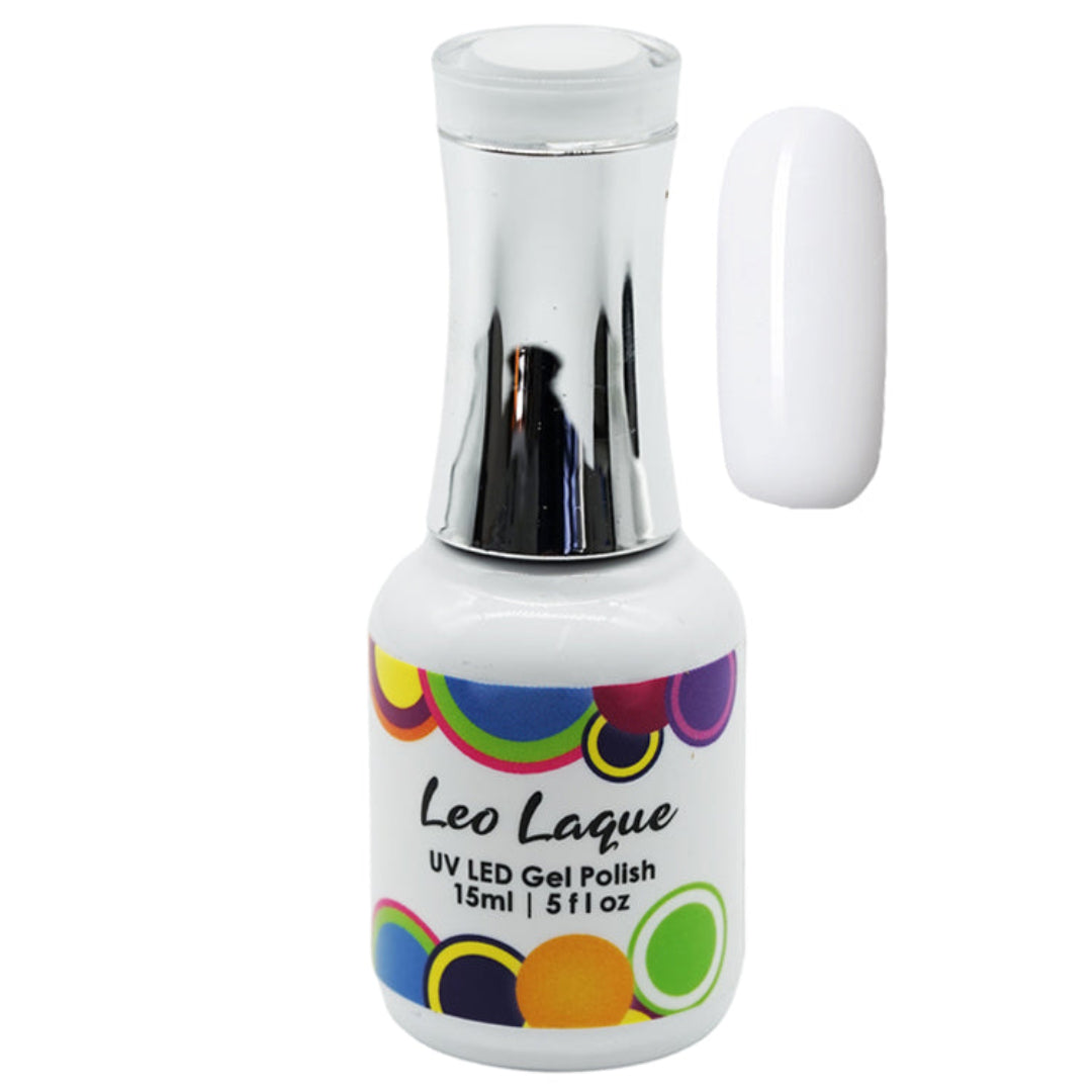 A bottle of Leo Lague UV LED Gel Polish with a white cap and a white nail swatch shown next to it on a white background.