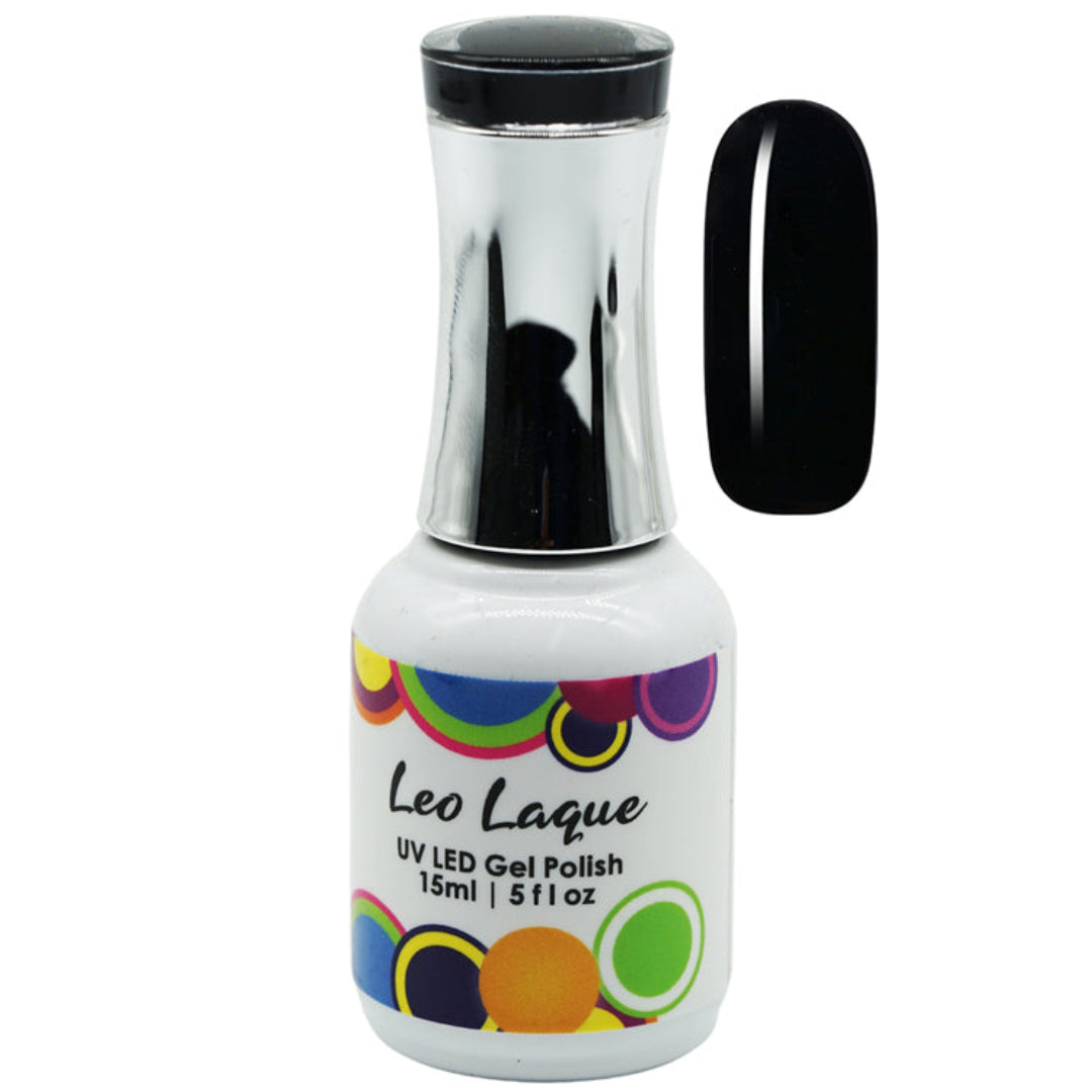 A bottle of Leo Laque UV LED gel polish with a black cap and a black nail swatch shown next to it on a white background.