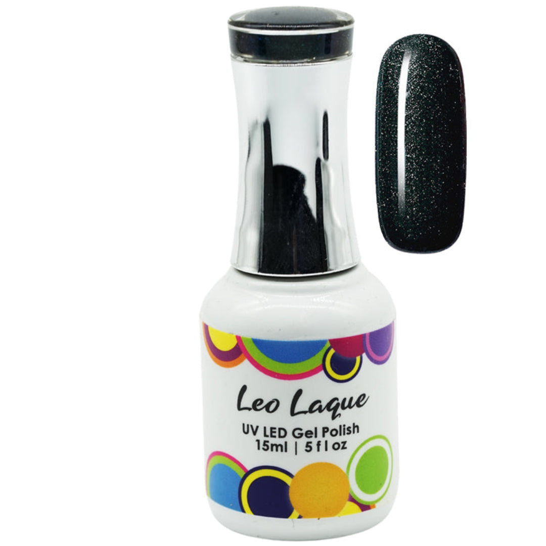A bottle of Leo Laque UV LED Gel Nail Polish in a sparkling black-blue shade, shown next to a nail swatch displaying the glittery black finish.