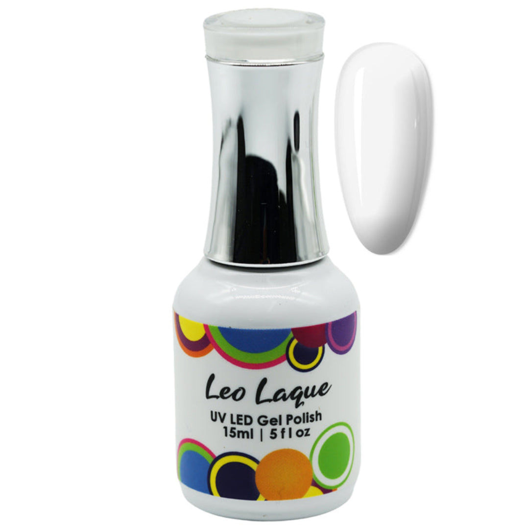 A bottle of Leo Laque UV LED gel nail polish in a solid white french shade, shown alongside a matching oval nail color swatch on a plain white background.
