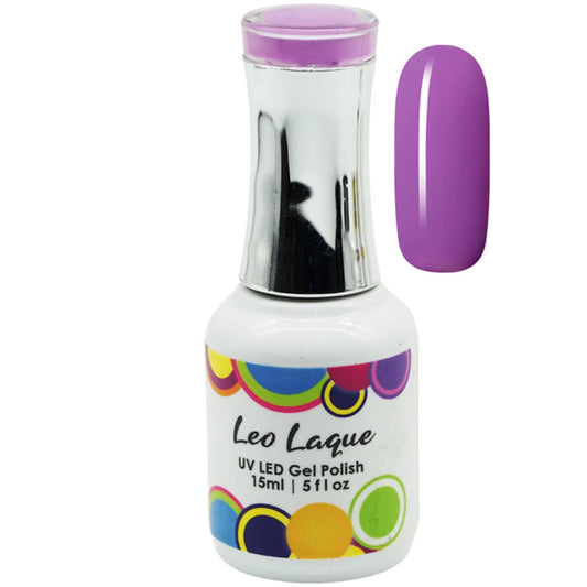 A bottle of Leo Laque UV LED Gel Nail Polish in a vibrant purple shade, shown alongside a matching glossy purple nail swatch on a plain white background.