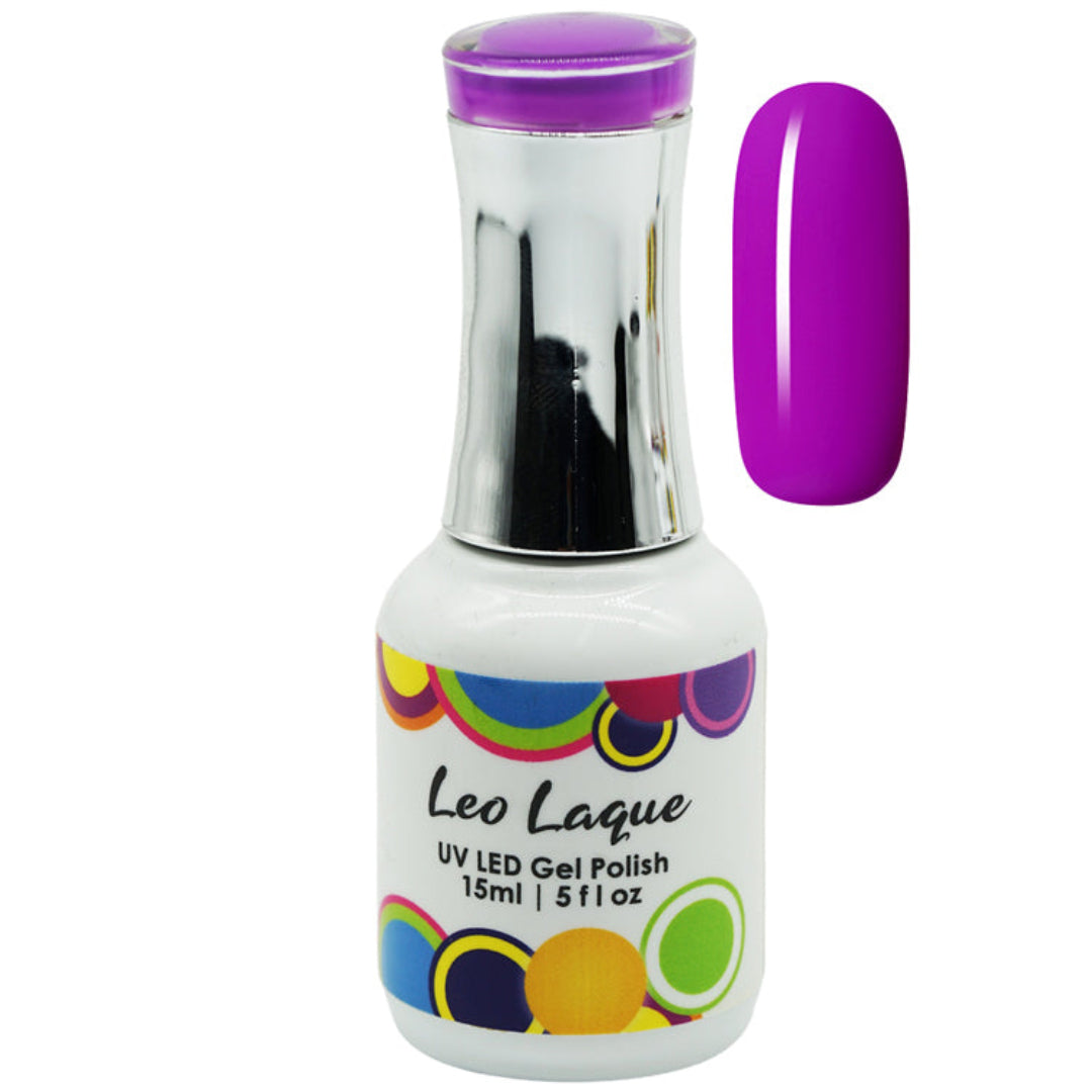 A bottle of Leo Laque UV LED gel nail polish in a vibrant purple shade, shown alongside a matching glossy purple nail swatch on a plain white background.