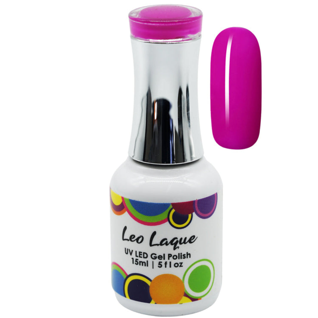 A bottle of Leo Laque UV LED Gel Polish in a vibrant magenta pink shade, shown alongside a matching glossy nail color swatch on a plain white background.