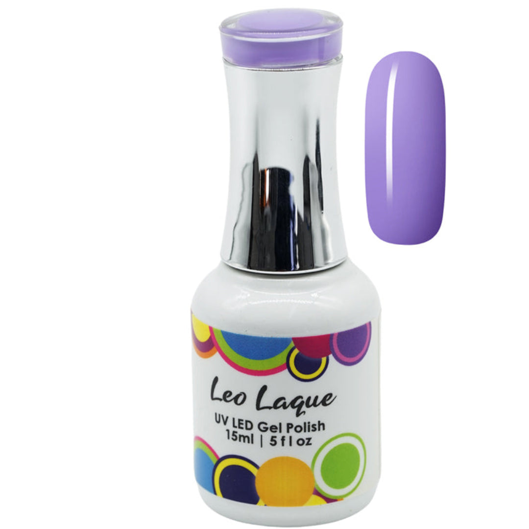 A bottle of Leo Laque UV LED gel nail polish in a light purple shade, shown alongside a matching oval nail color swatch on a plain white background.