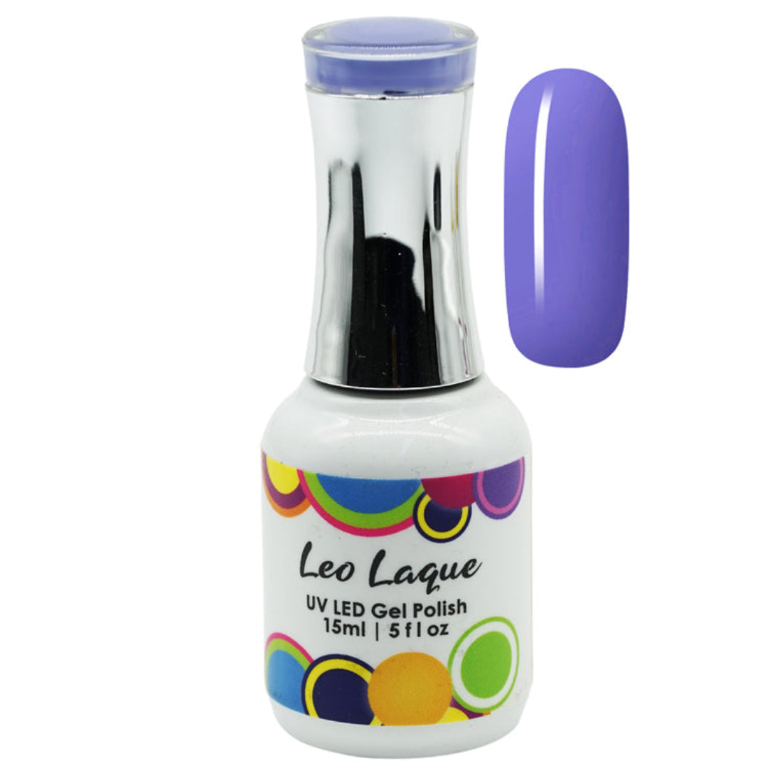 A bottle of Leo Laque UV LED Gel Polish in a vibrant purple shade, shown alongside a matching glossy nail color swatch on a plain white background.