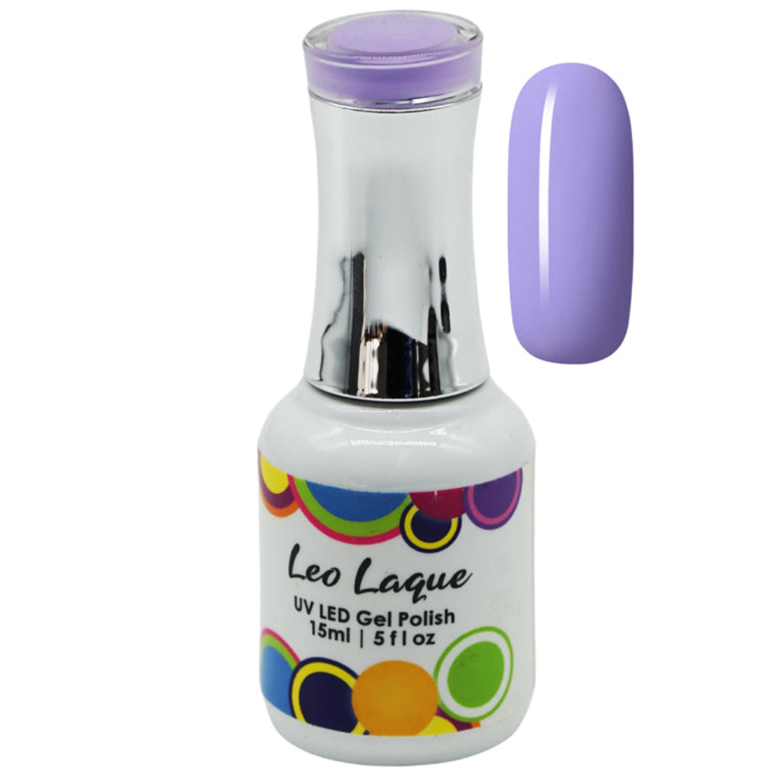 A bottle of Leo Laque UV LED Gel Polish in a light purple shade, shown alongside a matching oval nail color swatch on a plain white background.